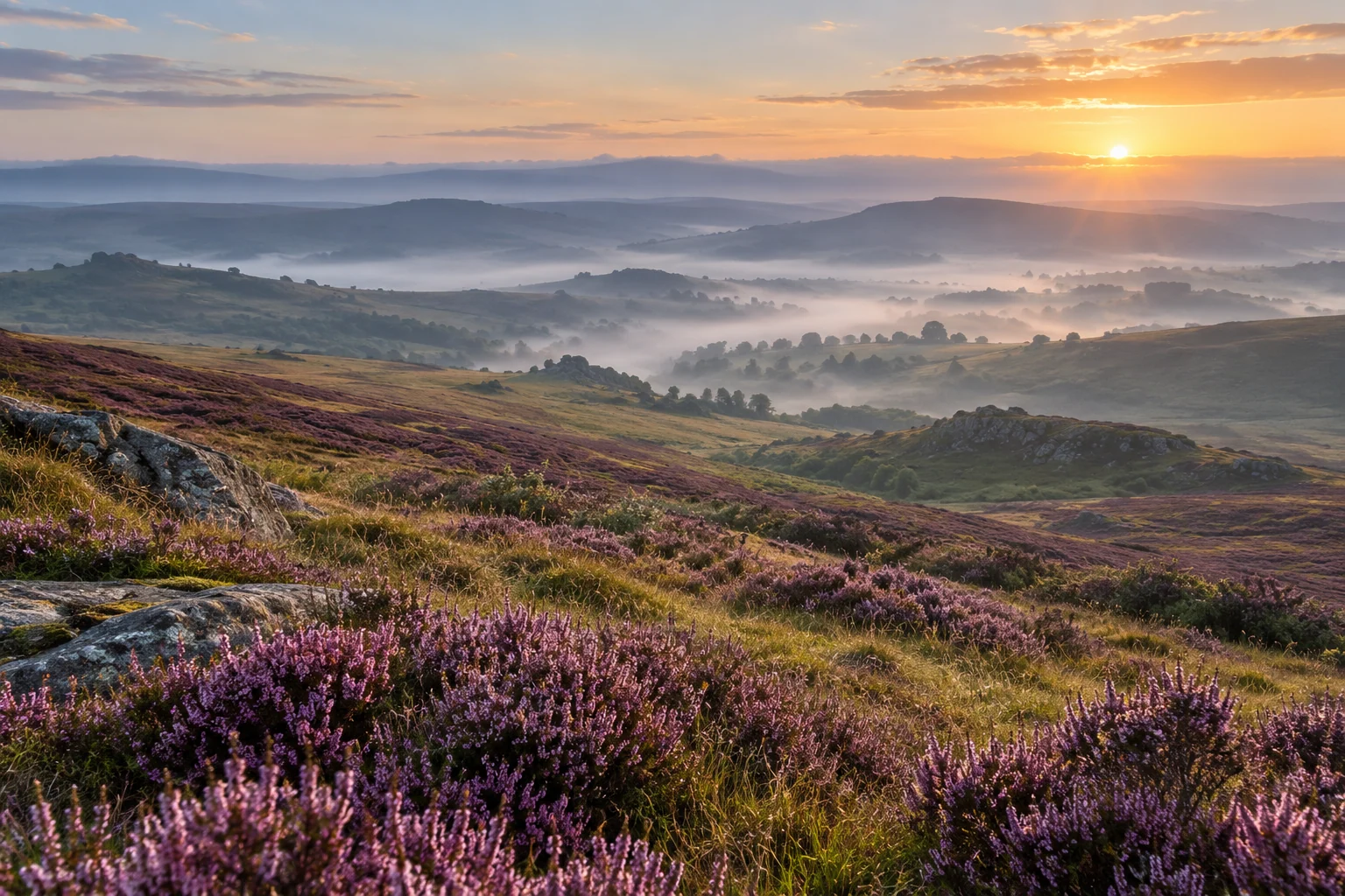 An artistic view of purple heather hills in soft morning mist
