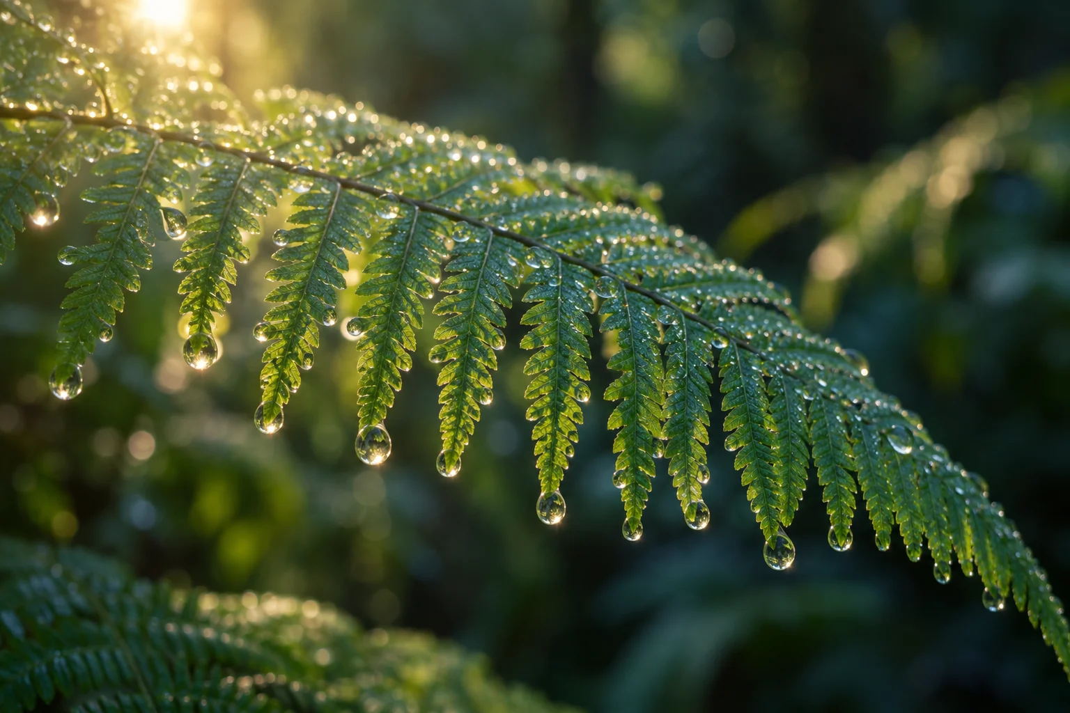 An artistic view of sunlight filtering through a fern frond covered in dew