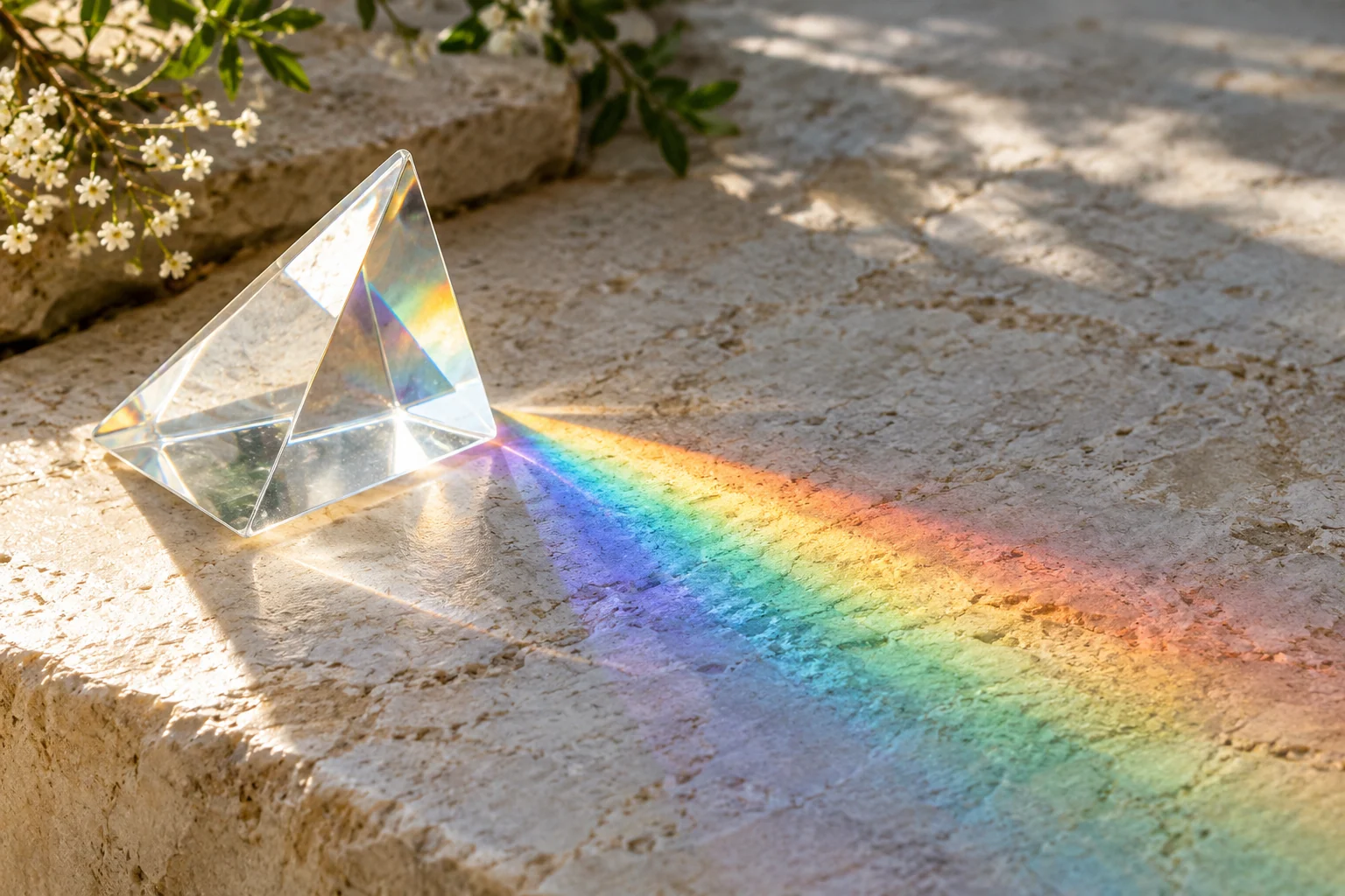 An artistic view of sunlight separating into a spectrum through a clear prism, accompanying the eighteen spiritual education programs