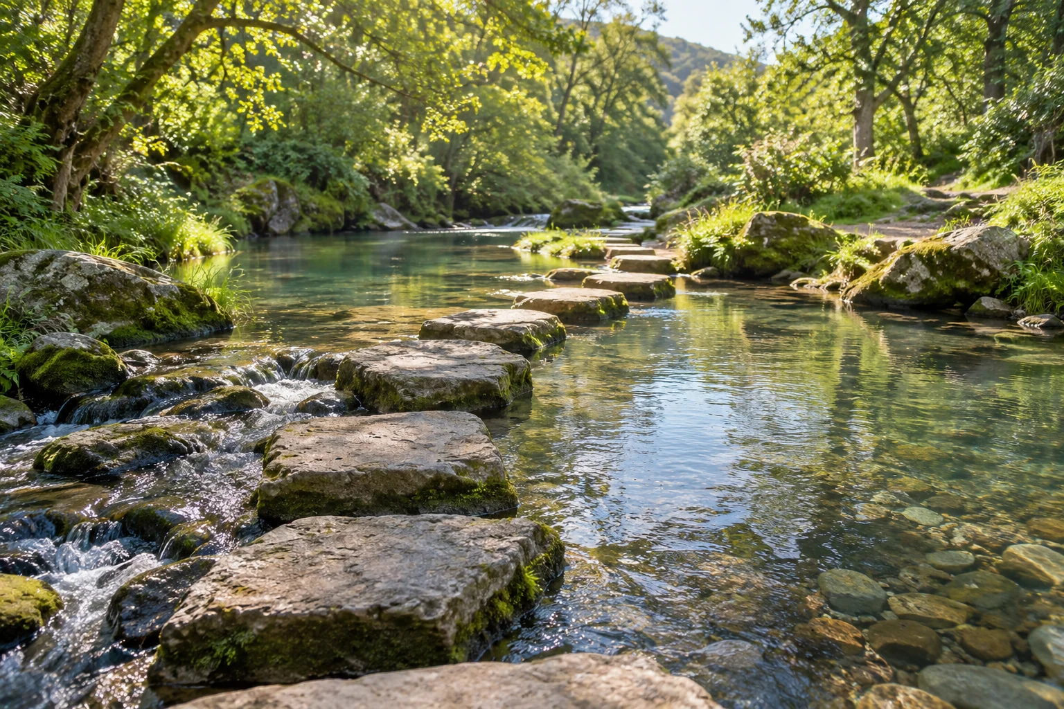 An artistic view of sunlit stepping stones crossing a shallow clear stream
