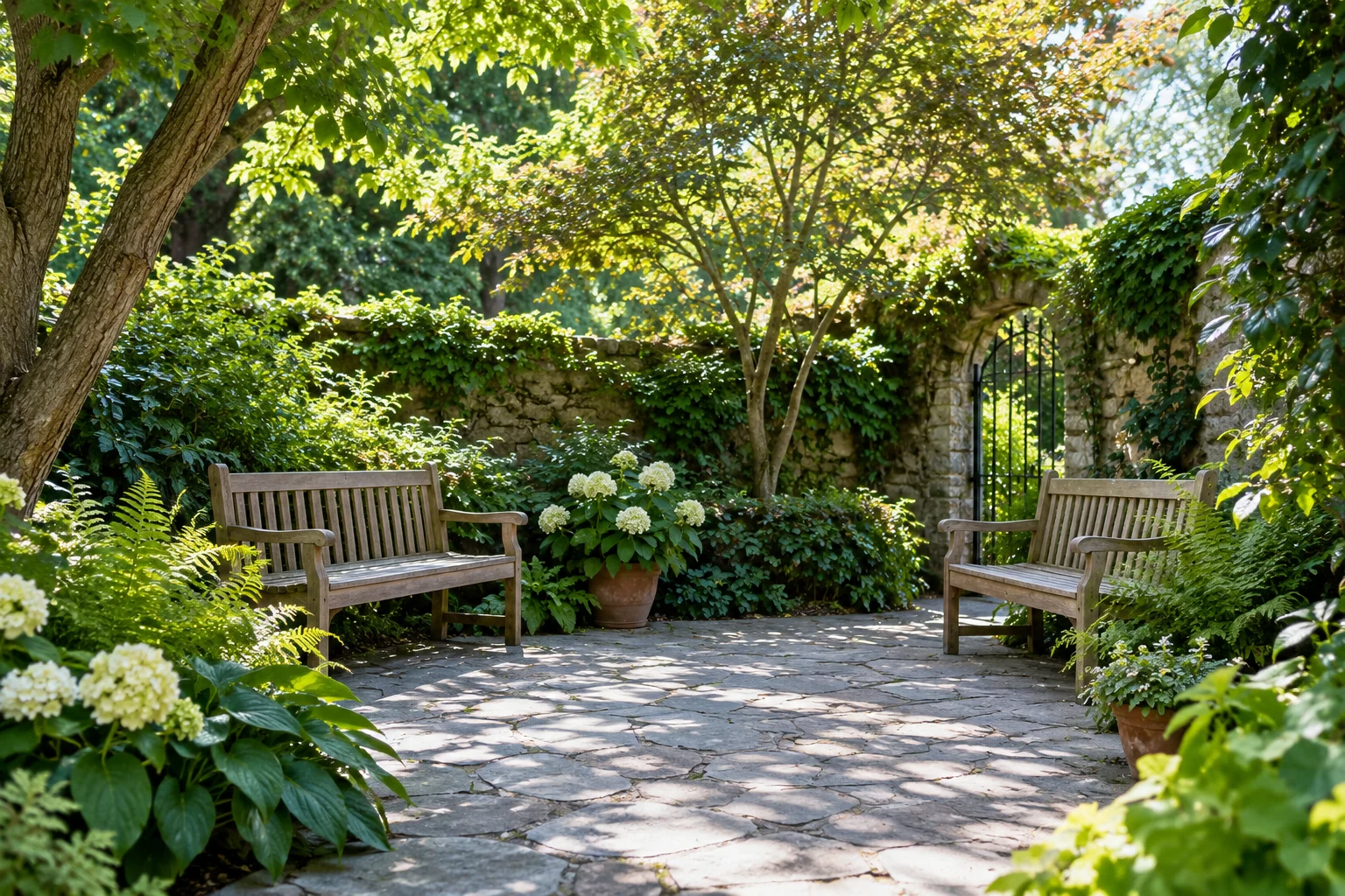 An artistic view of two empty timber benches in a peaceful leafy garden courtyard