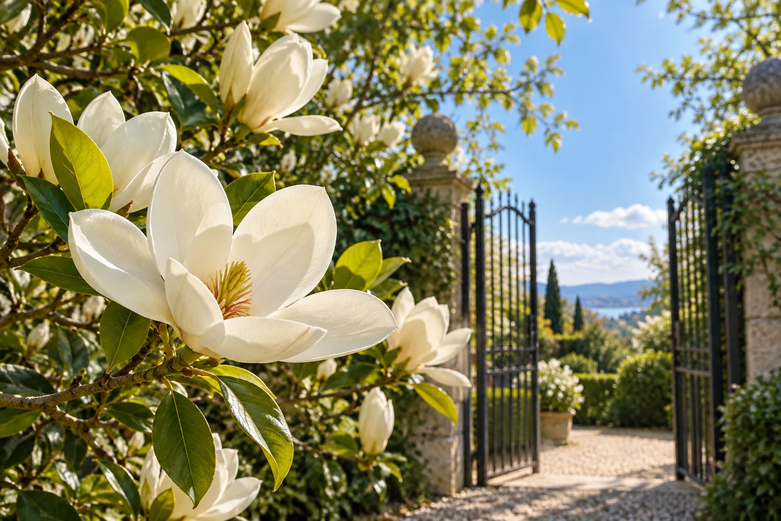 An artistic view of white magnolia blossoms beside a welcoming garden gate