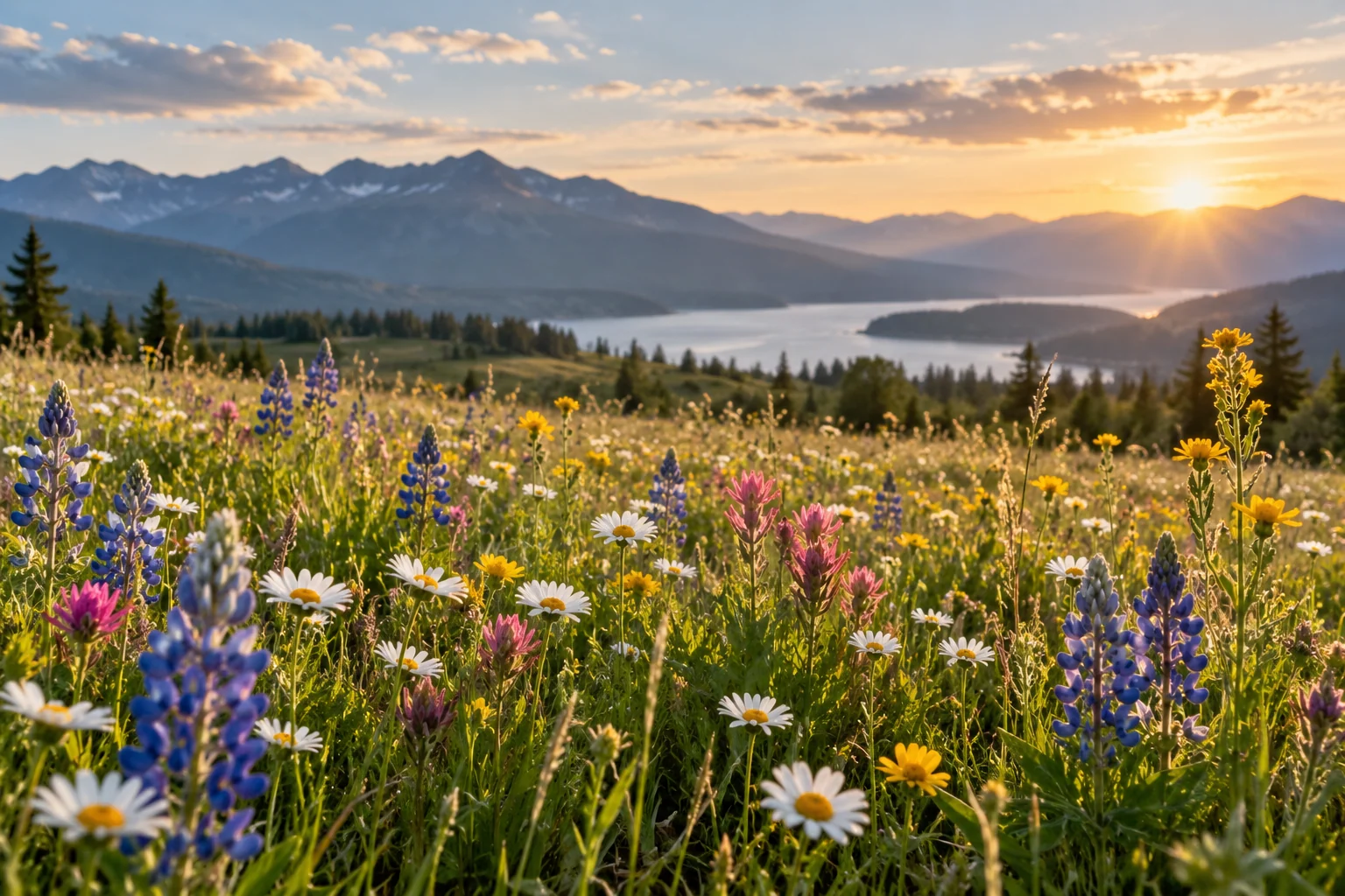 An artistic view of wildflowers of different colours growing together in a sunlit meadow