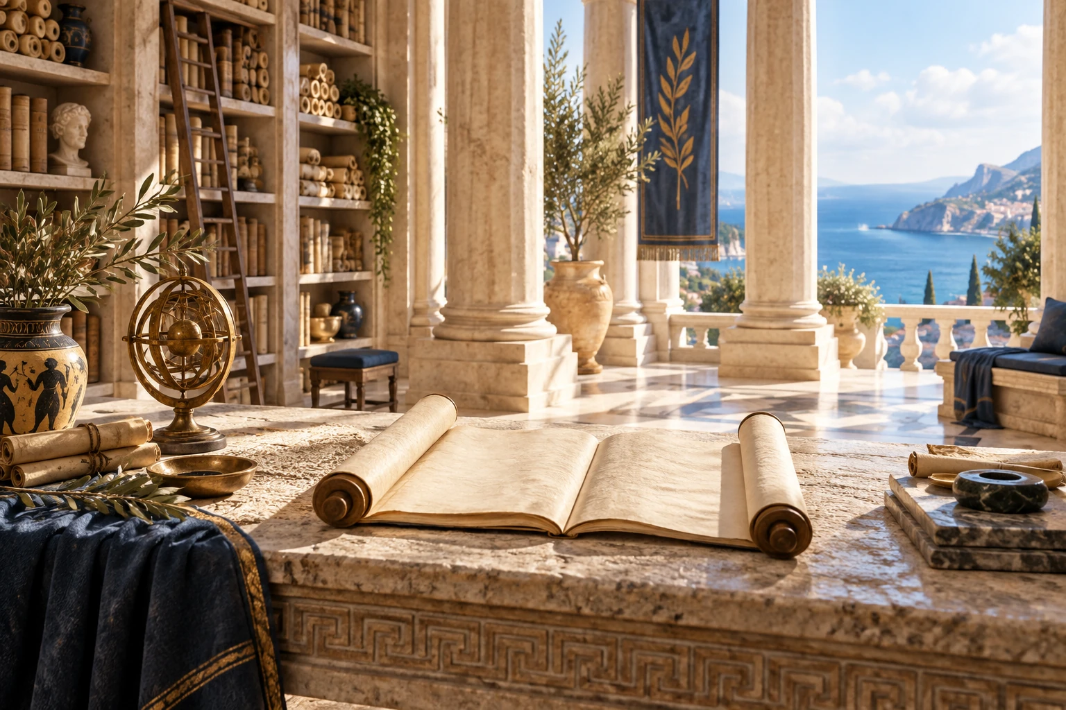 An imagined ancient Mediterranean library with papyrus scrolls, classical columns and a sunlit sea view