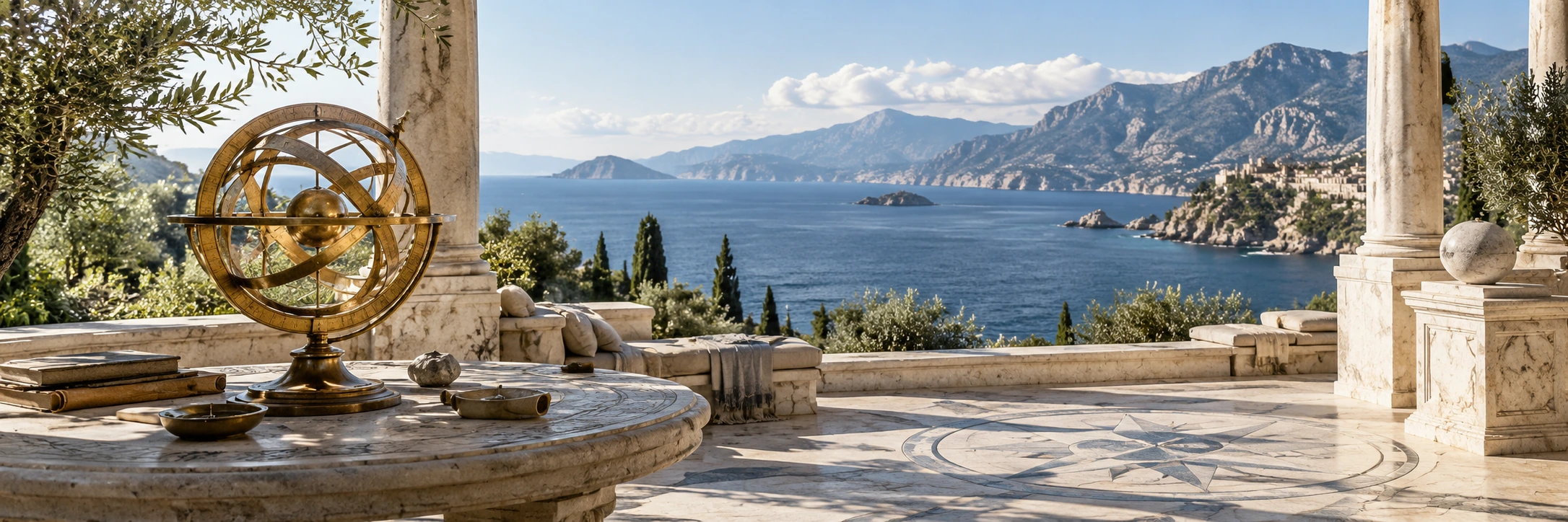 An imagined ancient Mediterranean study with an astronomical instrument overlooking the sea and mountains