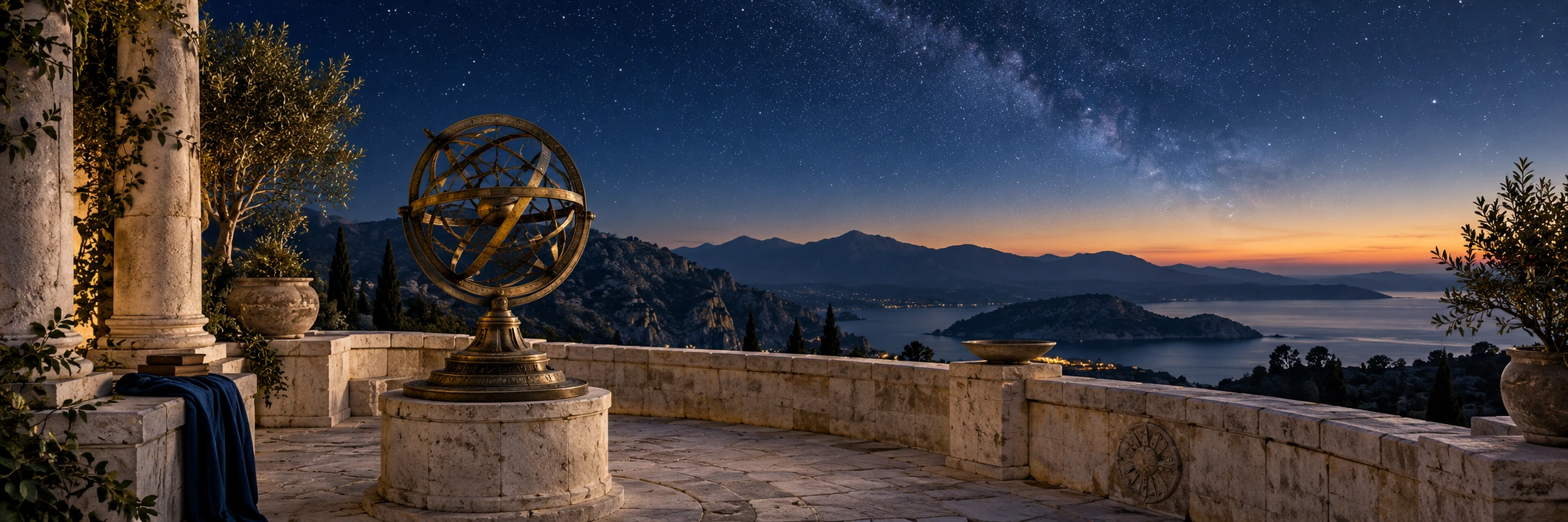 An imagined ancient observatory terrace beneath a deep blue twilight sky above distant mountains