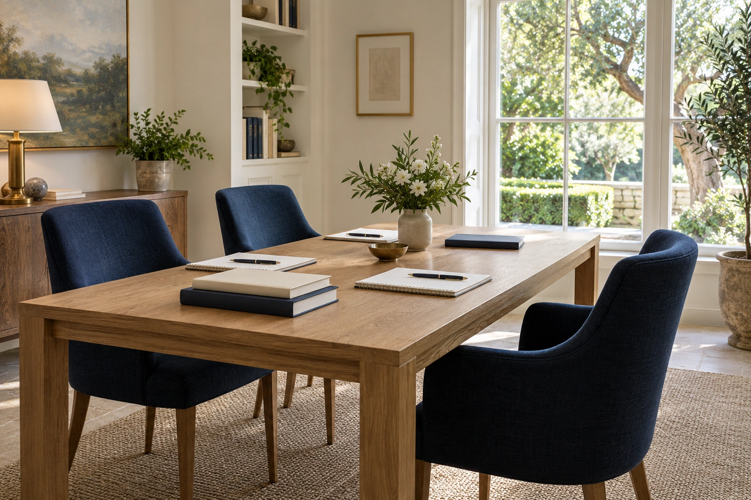 An imagined meeting table with notebooks and blue chairs beside a sunlit garden window, illustrating presenter discussions
