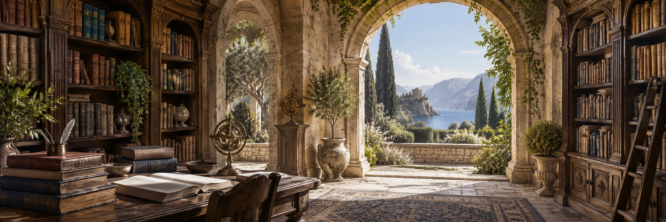 An imagined old stone library with books and a broad arch opening towards a sunlit garden