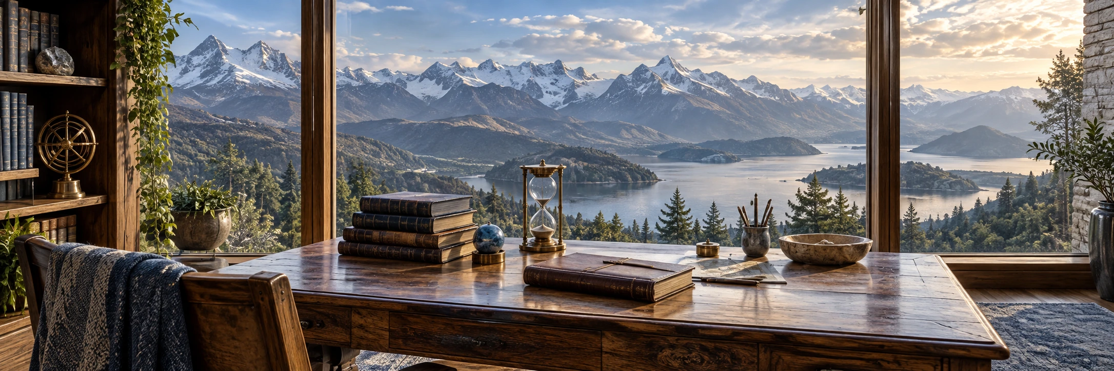 An imagined study desk with books and an hourglass beside a mountain-facing window