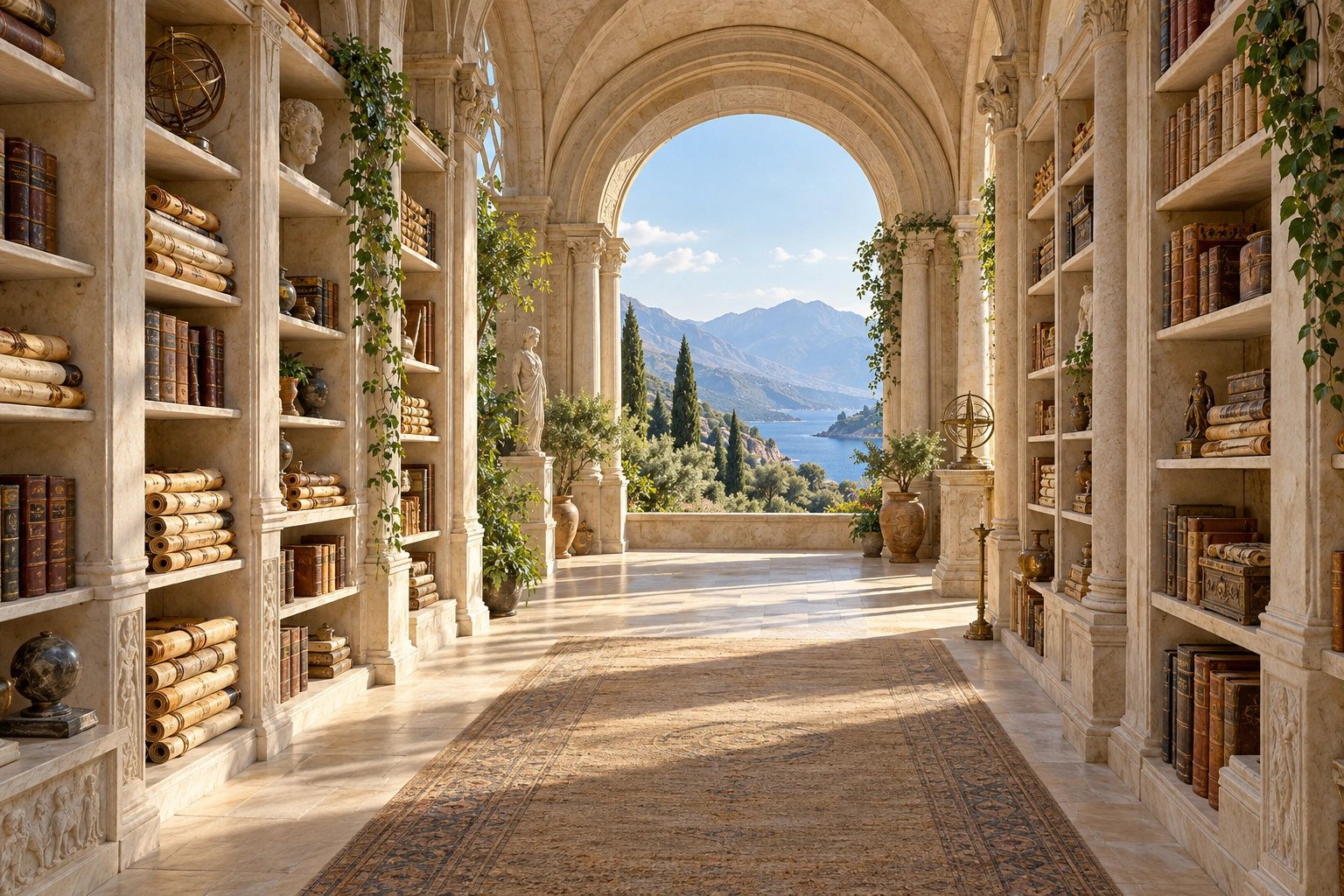 Ancient library hall opening to a clear mountain and water view, sharp and in focus