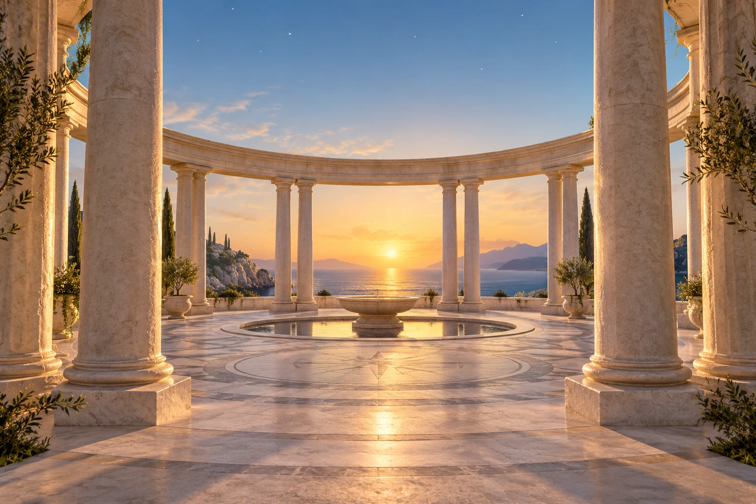 An imagined ancient colonnade overlooking the sea at dawn, symbolising the wisdom traditions