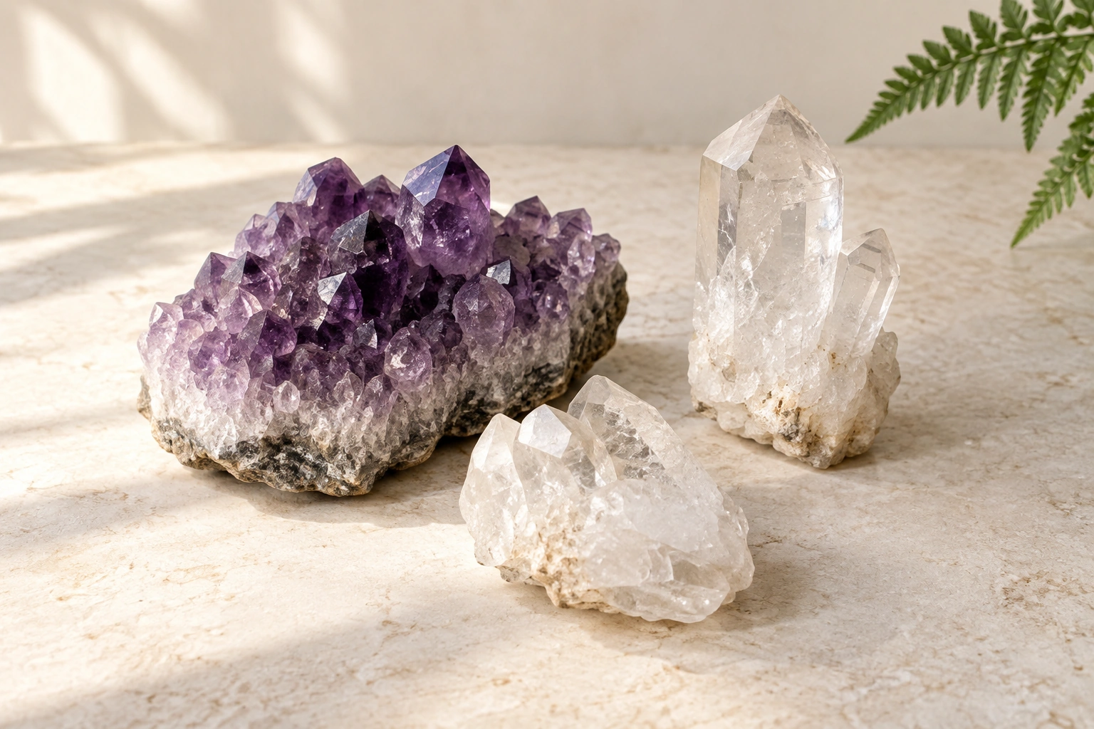 Illustrative selection of amethyst and clear quartz on pale natural stone