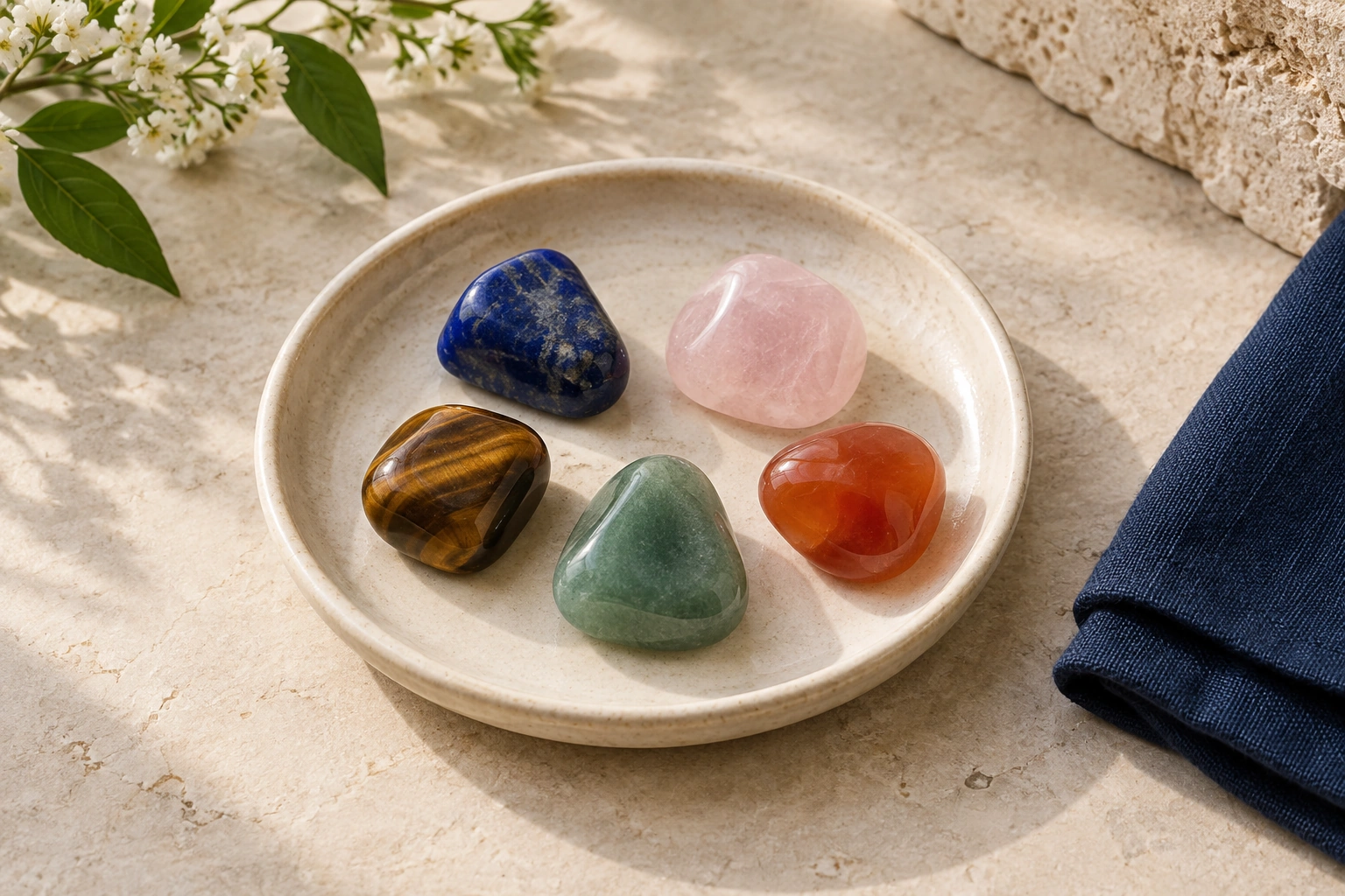 Illustrative selection of polished gemstones in a cream dish beside navy cloth