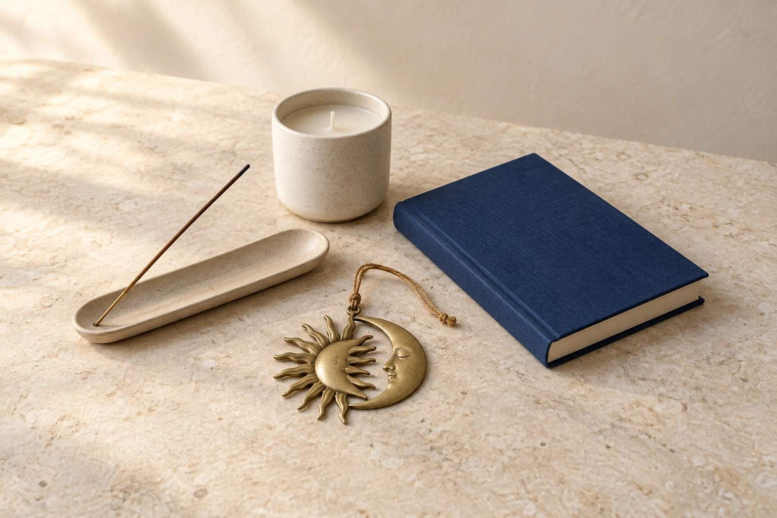 Illustrative gifts including a sun-and-moon ornament, candle, incense holder and book