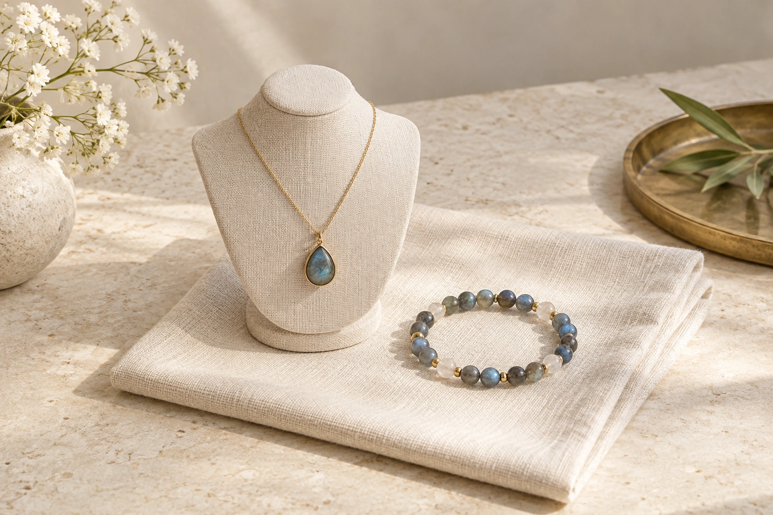 Illustrative gemstone necklace and beaded bracelet on a cream linen display