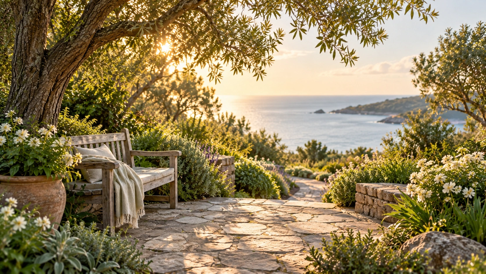Illustrative coastal garden with a shaded bench, flowering plants and a sunlit stone path overlooking the sea