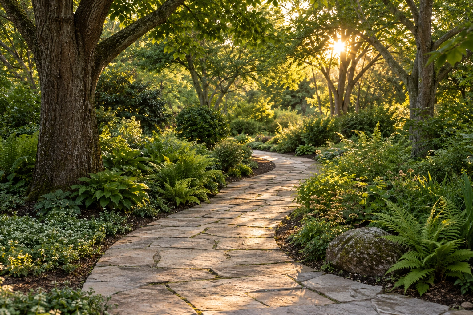A quiet stone garden pathway beneath mature trees in warm sunlight