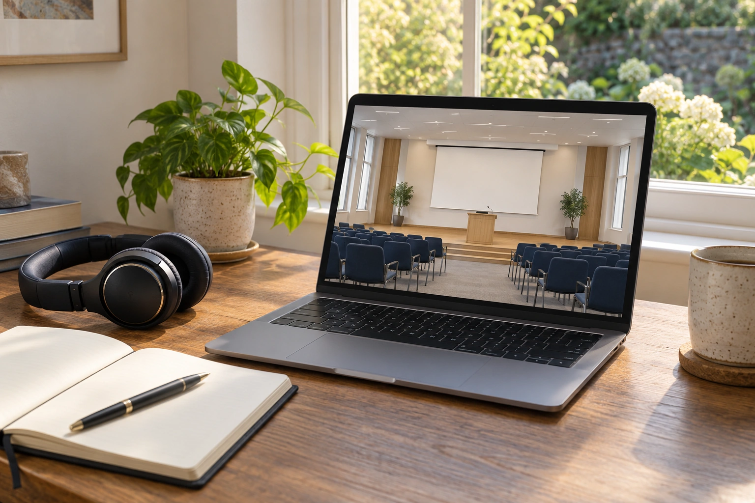 Illustration of a laptop showing a lecture room, with headphones and an open notebook for online learning