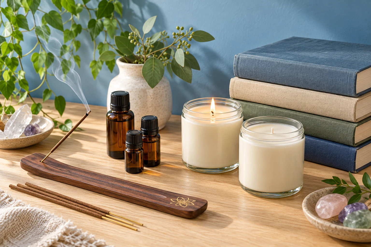 An illustrative display of incense, amber essential-oil bottles, soy candles and books