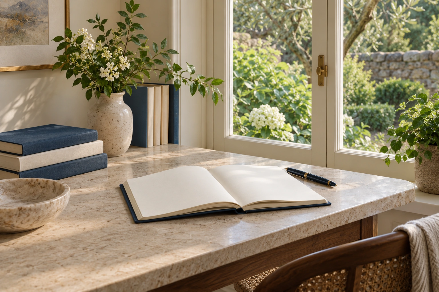 Illustration of an open notebook and pen beside books and a garden window, ready for questions and correspondence