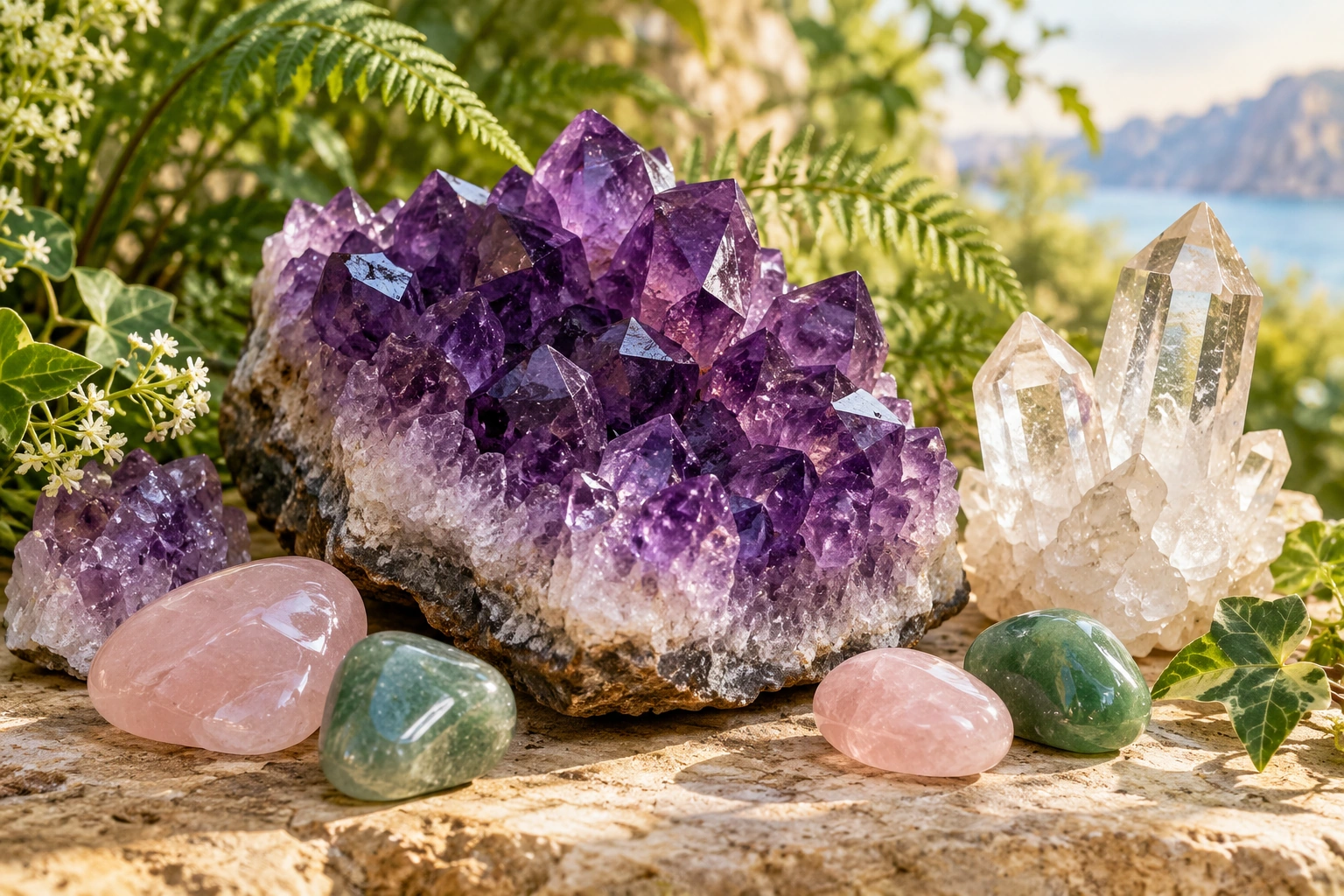 Illustrative amethyst, clear quartz and polished stones beside ferns in natural sunlight