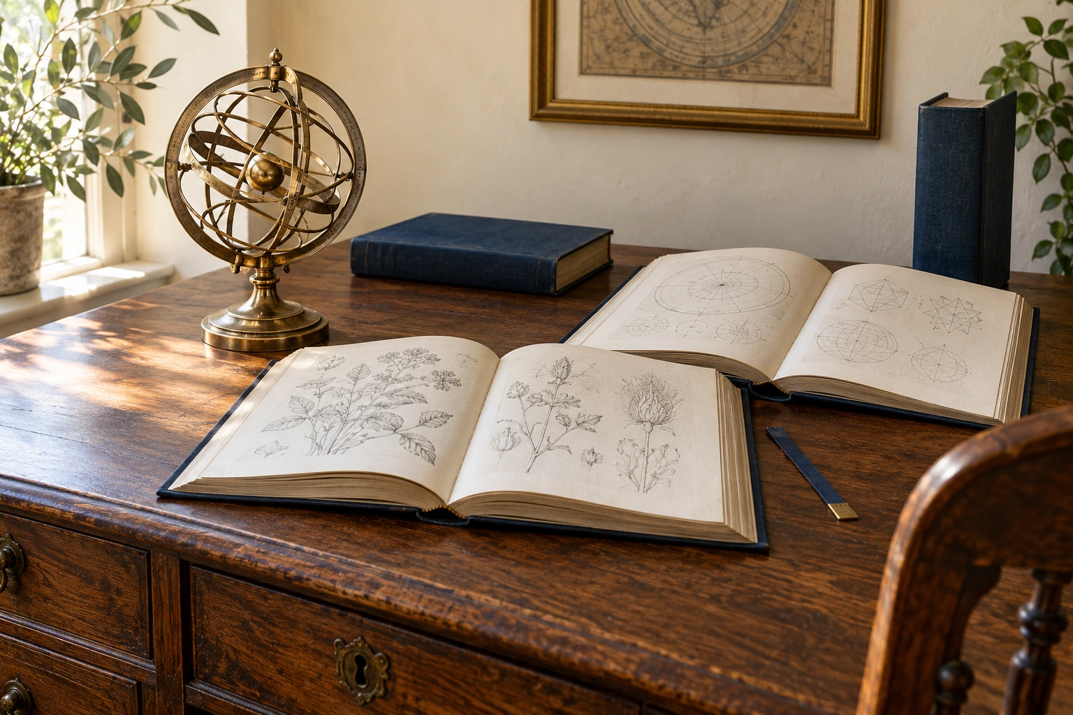 An imagined reading desk with open reference books and a brass armillary sphere, illustrating independent study and enquiry