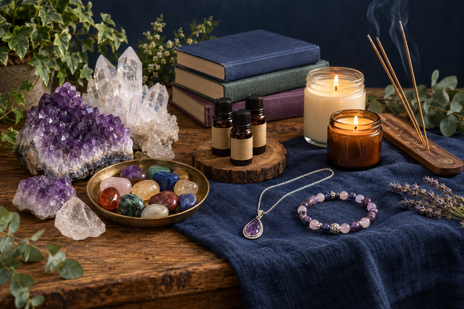 An artistic display of crystals, polished gemstones, jewellery, books, candles, incense and essential oils