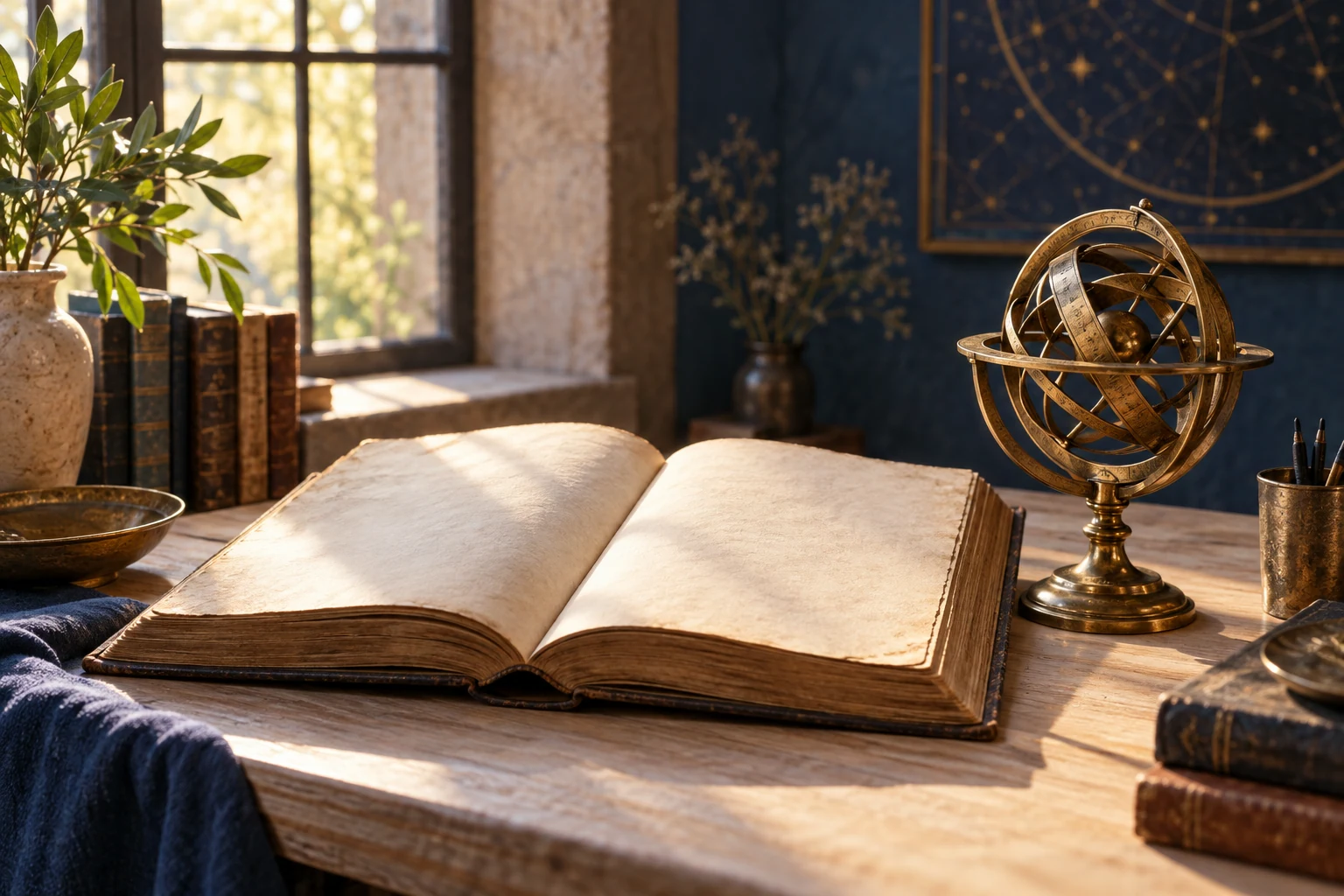An imagined study with an open book and brass armillary sphere, suggesting spiritual study and enquiry into the wider universe