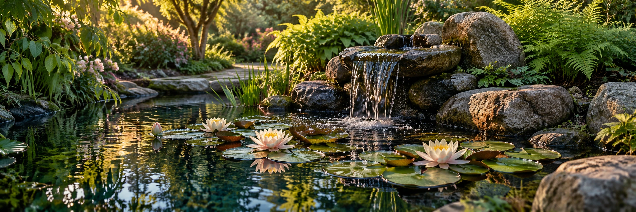 Stone fountain and water lilies in a peaceful garden with warm golden light