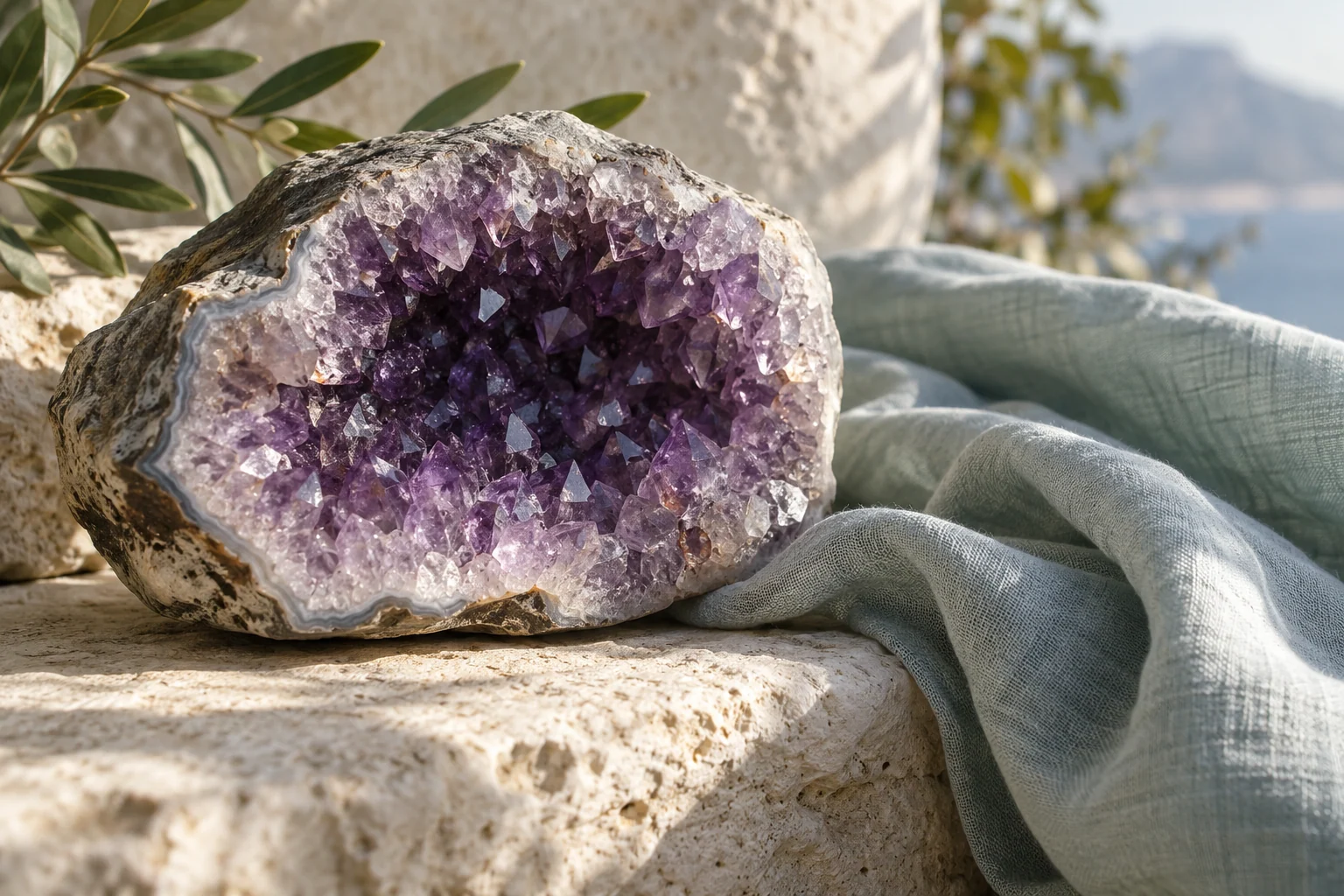 Illustrative amethyst crystal on pale stone beside olive leaves, accompanying the retail product information