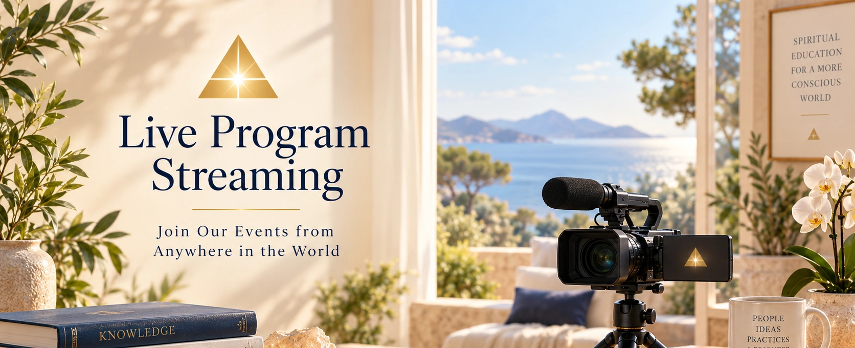 Live Program Streaming header showing a calm coastal setting, a video camera on a small tripod, Atlantis gold triangle symbolism, books, a mug and spiritual education imagery