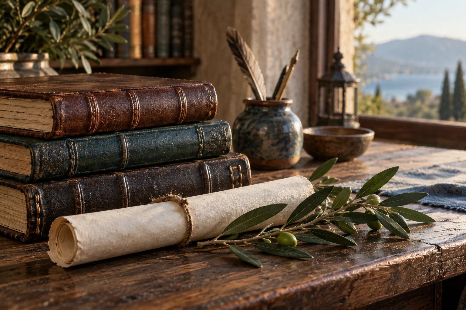 Old books and parchment beside a window overlooking nature
