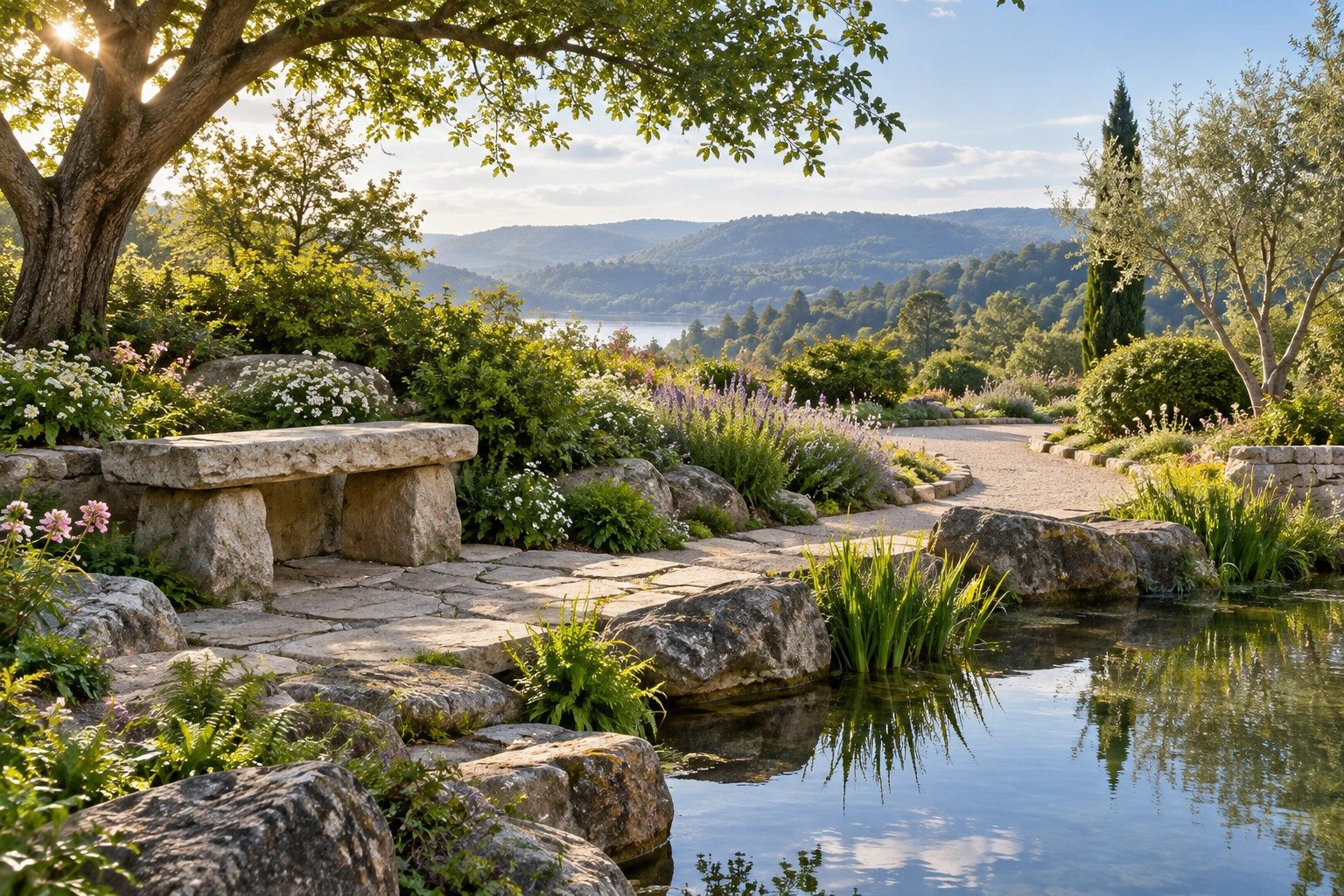 Peaceful garden with still water and wooded hills
