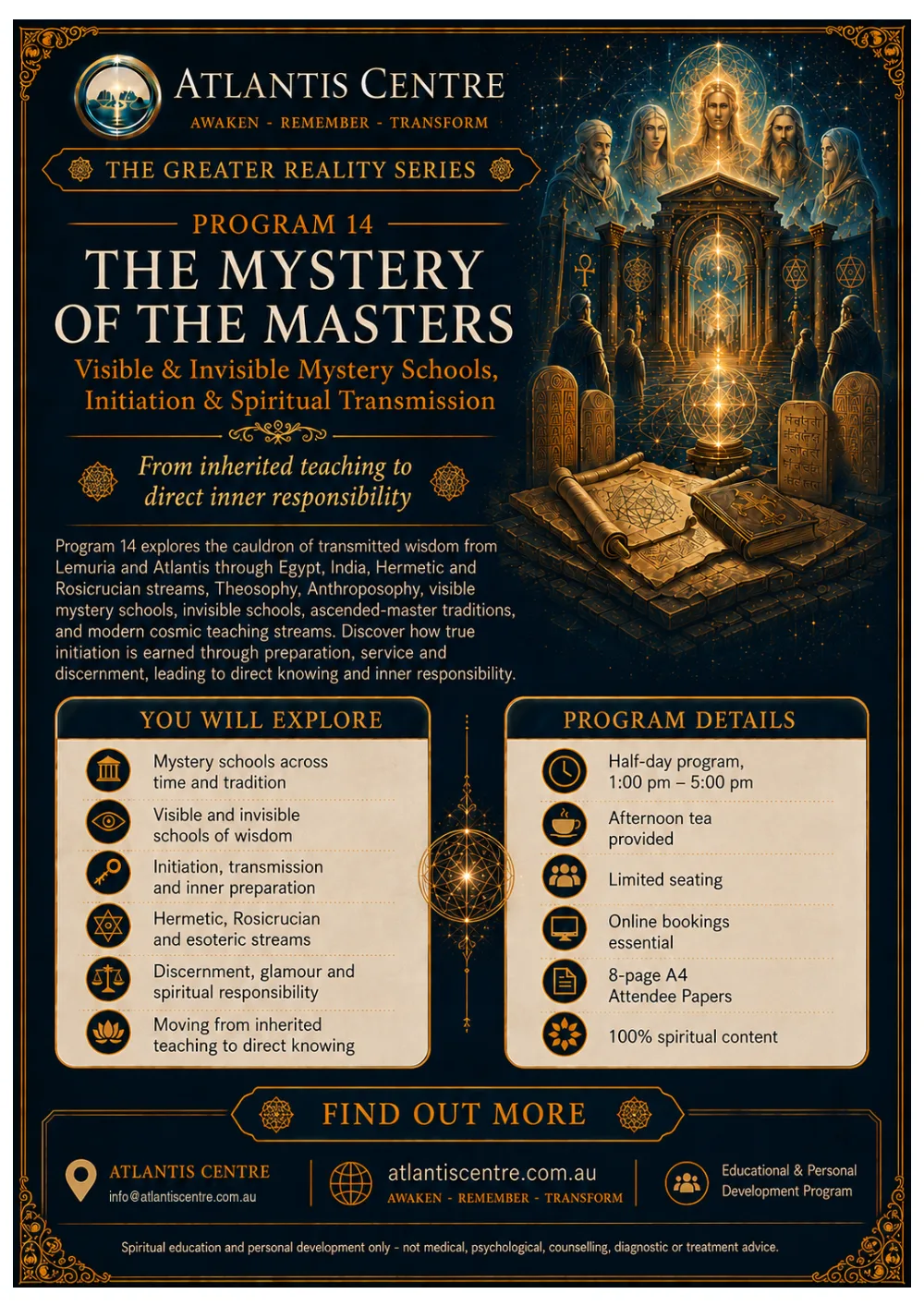 Program 14 advertisement: The Mystery of the Masters, Atlantis Centre