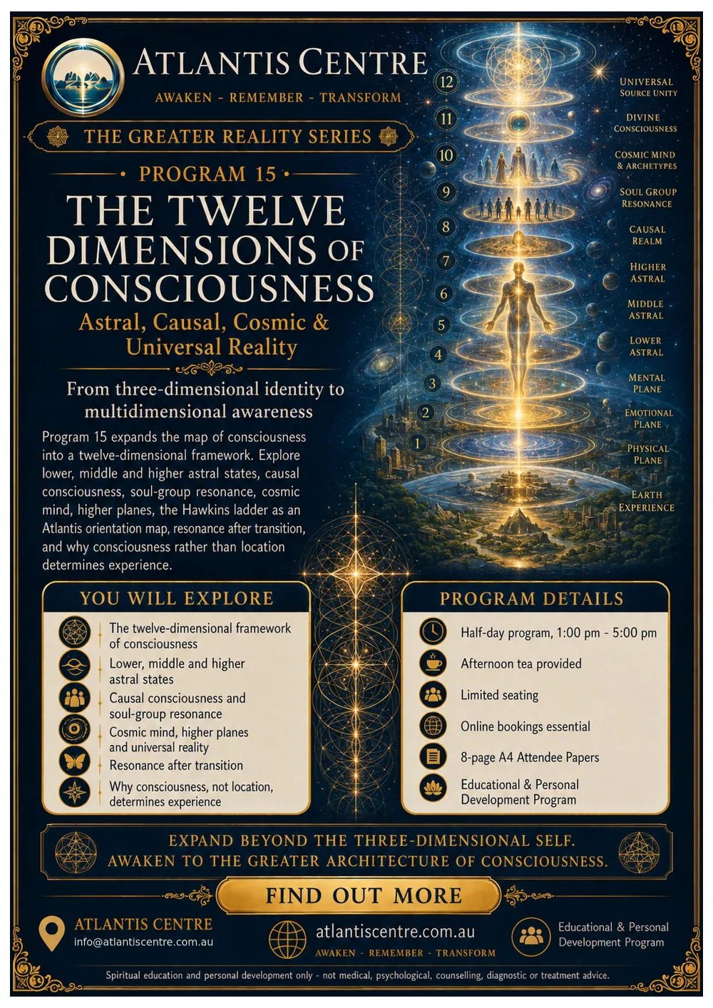 Program 15 advertisement: The Twelve Dimensions of Consciousness, Atlantis Centre