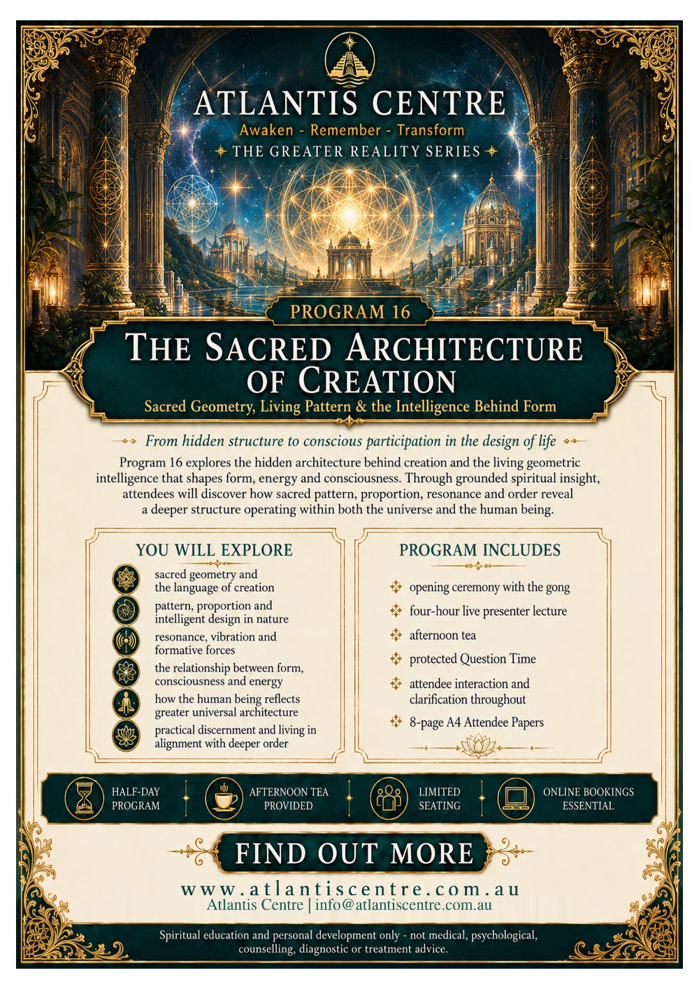 Program 16 advertisement: The Sacred Architecture of Creation, Atlantis Centre