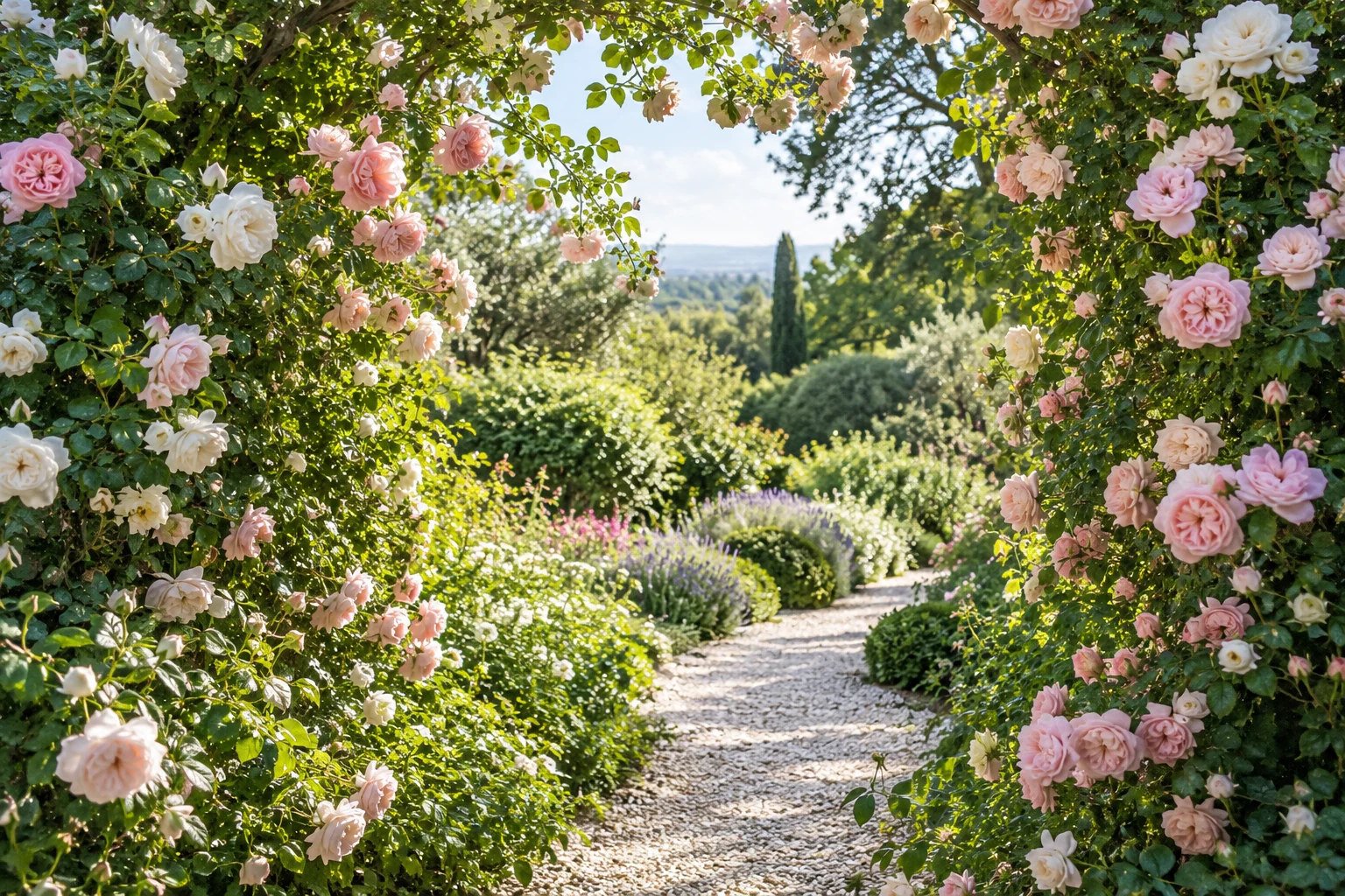 Rose-framed garden doorway opening onto a sunlit path