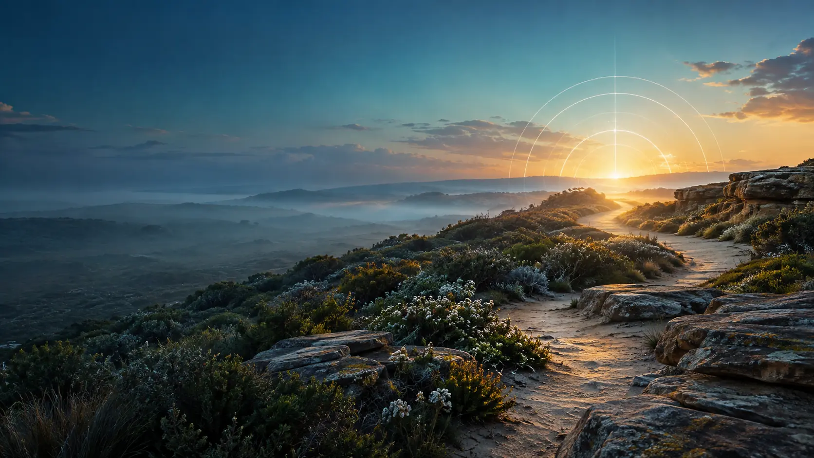 Illustrative sunlit path through natural stone and coastal vegetation, accompanying Natural Beauty and personal reflection