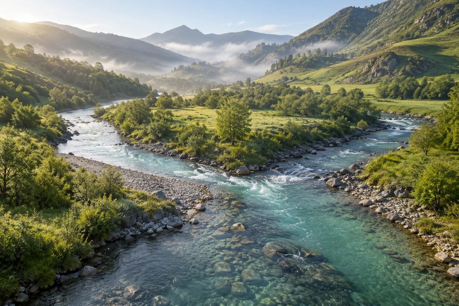 Two rivers joining in a green valley