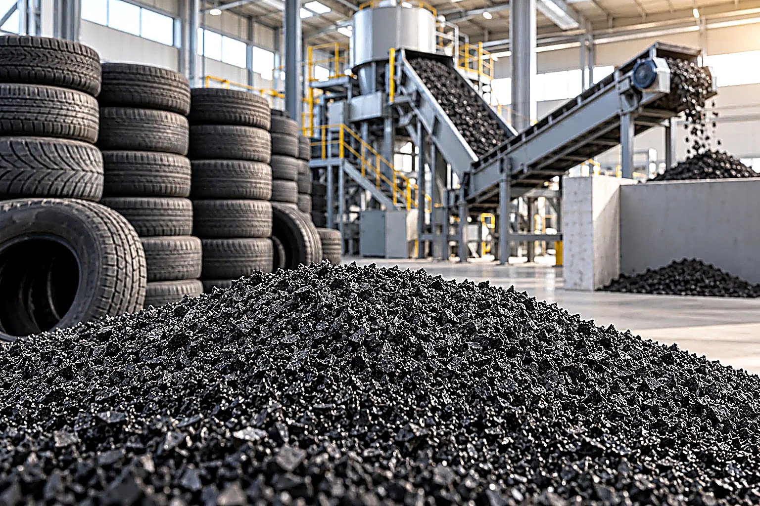 Tyre recycling plant with stacked tyres, conveyor machinery and recycled rubber granules
