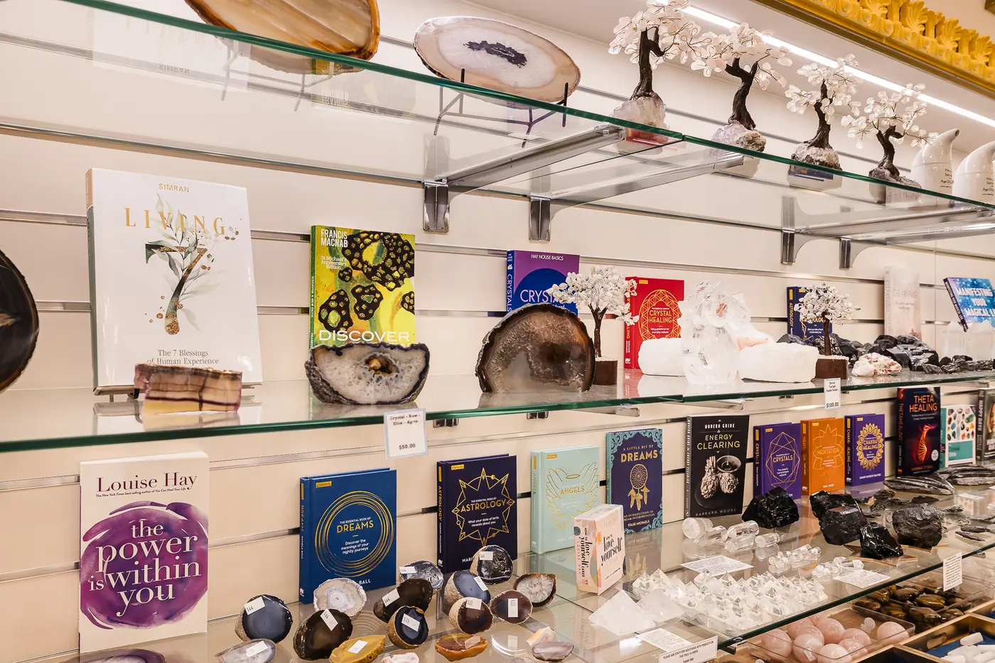 Books, crystals, polished stones and gifts on display in the Atlantis Centre shop