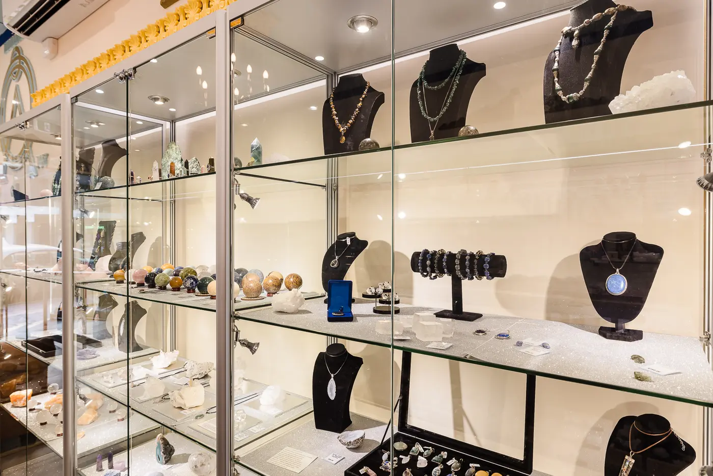 Necklaces and gemstone jewellery on display inside Atlantis Centre