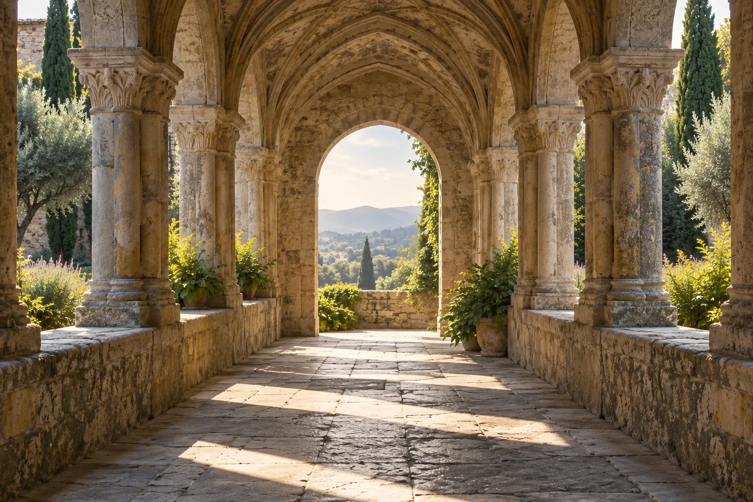 An artistic view of a contemplative stone cloister with a centred open arch and warm afternoon light