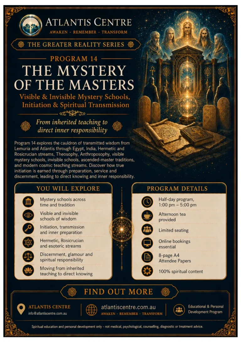 Program 14 advertisement: The Mystery of the Masters, Atlantis Centre