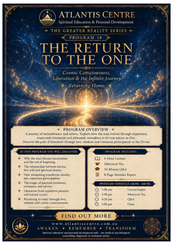 Program 18 advertisement: The Return to the One, Atlantis Centre