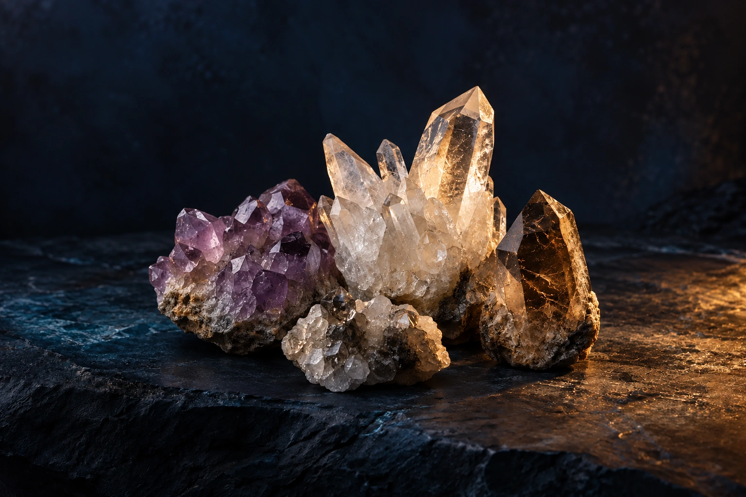 An artistic still life of amethyst and clear quartz crystals in warm light against a deep blue background