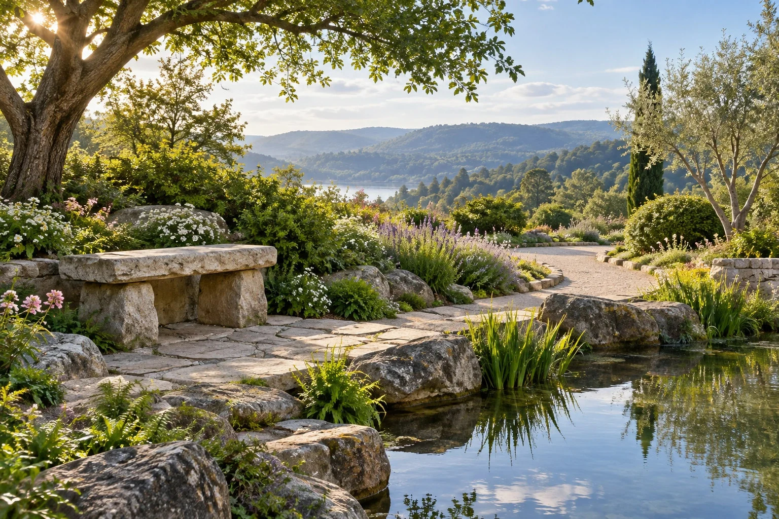 Peaceful garden with still water and wooded hills