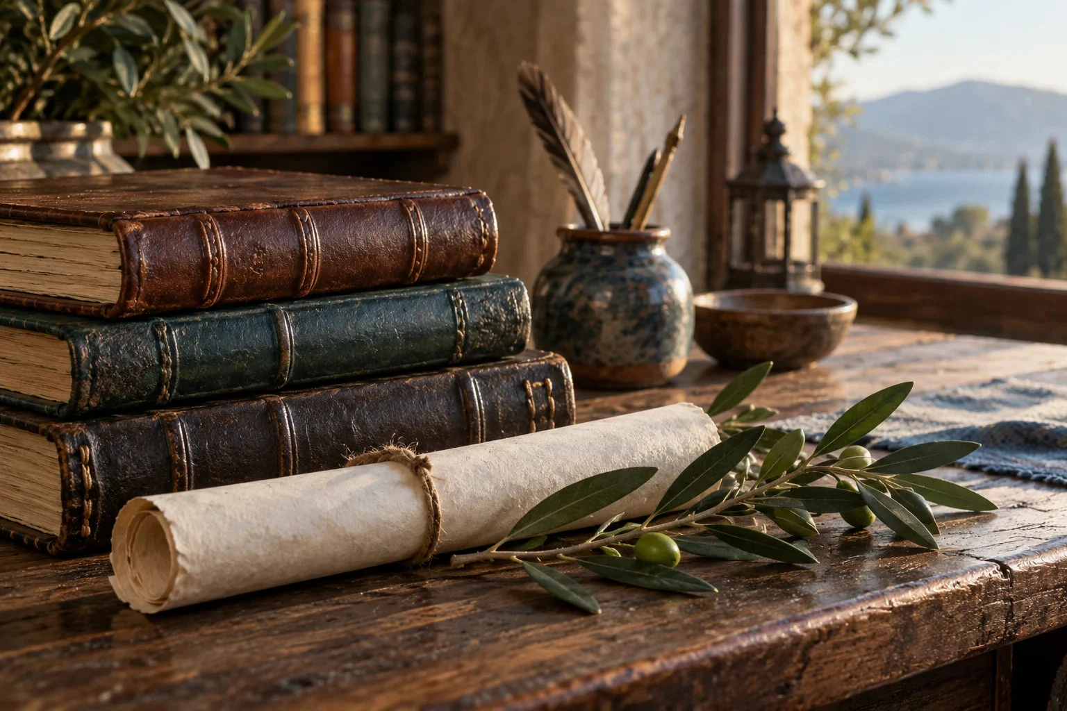 Old books and parchment beside a window overlooking nature